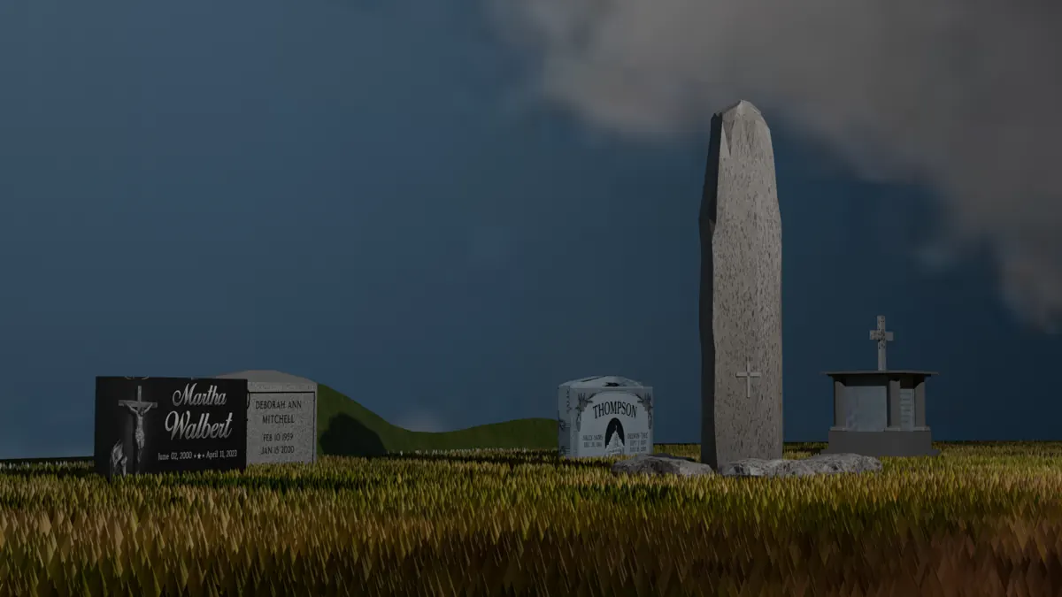 3D environment study featuring a grassy memorial landscape under a dramatic sky