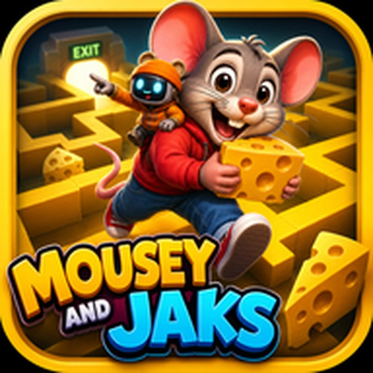 Mousy and Jaks official game cover with mouse holding cheese in a maze