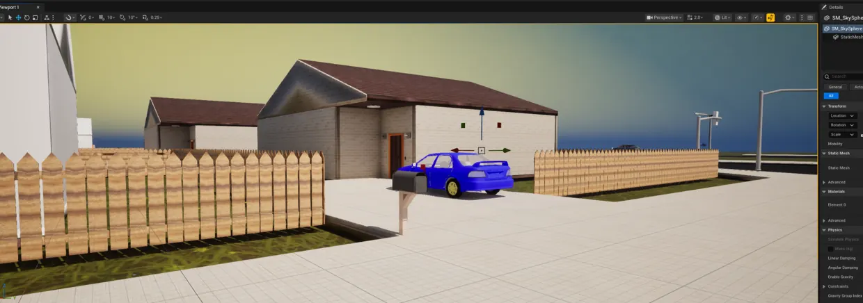 Actual CLS Blender development screenshot showing a modeled neighborhood home
